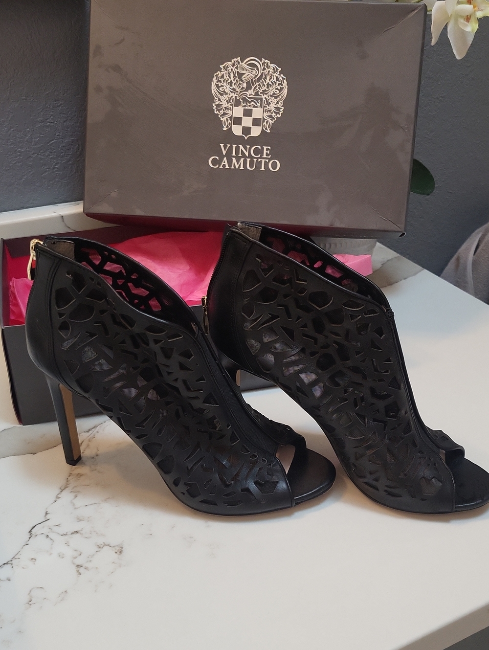 Vince Camuto Black Laser-Cut Peep-Toe Heels